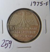 1975-F West Germany 5 Mark Coin, European Monument Protection Year
