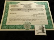 MAK INVESTMENTS, INC. Stock Certificate No. 31 unissued. Upper center Bald Eagle with spread wings.