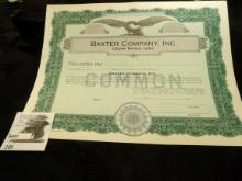 BAXTER COMPANY, INC. Cedar Rapids, Iowa. Unissued Stock Certificate. Upper center Bald Eagle with sp