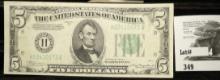 Series 1934A $5 Federal Reserve Note, "H" St. Louis, Mo., High grade.
