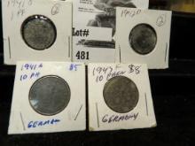 (4) Nazi German Coins 1941, 1942 Pfennig & 1941, 1943 10 Pfennigs.
