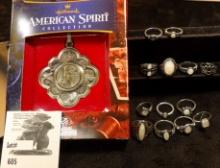 (13) Rings most with what appears to be Opal Stones & New York Quarter Christmas Ornament By Halmark