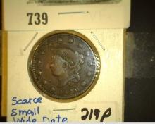 1828 Coronet Head U.S. Large Cent, Small wide date, VF+, carded.