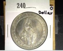 1881 S Copy Fantasy Morgan Silver Dollar with semi-nude female with a brace of skulls.