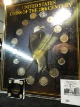 Framed U.S. Coins of the 20th Century Holder with sixteen coins ranging from Indian Head Cents to a