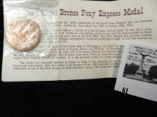 1860-1960 Official Pony Express Centennial Medal with literature.