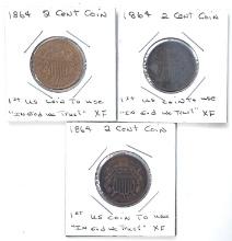 Lot of 3 1864 United States Two Cent Pieces