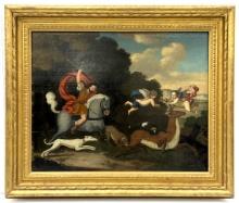 18th Century Stag Hunt Oil on Board Painting