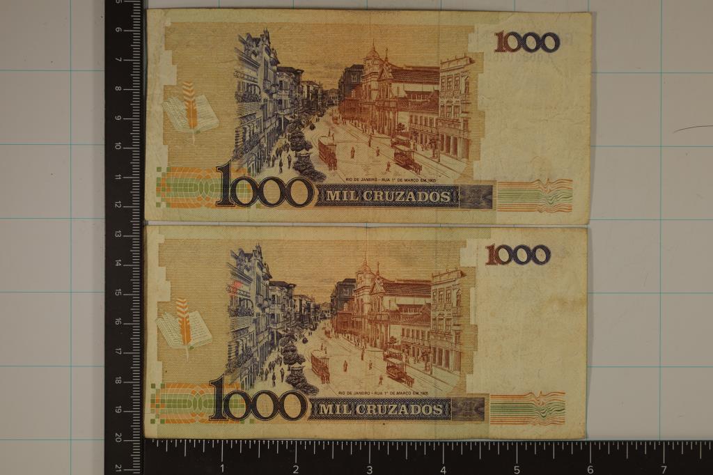 2 BANK OF BRAZIL 1000 CRUZADOS BILLS. 1 HAS INK ON