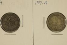 1905-A & 1917-A GERMAN SILVER 1/2 MARK COINS.