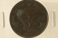 1877 SPAIN 10 CENTIMOS WITH "33" COUNTER STAMPED