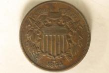 1864 US TWO CENT PIECE VERY FINE WITH VERDIGRIS