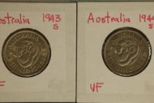 1943-S & 1944-S AUSTRALIA SILVER 1 SHILLING COINS