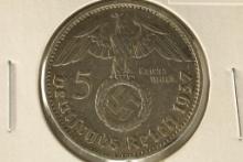 1937-A GERMAN SILVER 5 MARK WITH SWASTIKA .4016