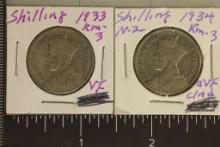 1933 & 1934 NEW ZEALAND SILVER 1 SHILLINGS