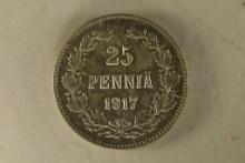 1917 FINLAND SILVER 25 PENNIA .0307 OZ. ASW AU