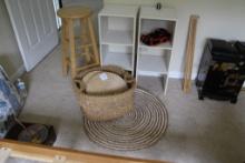 ASSEMBLED GROUP OF STORAGE ITEMS & BARSTOOL