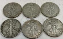 SIX WALKING LIBERTY HALVES