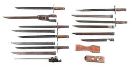 LOT OF 11: JAPANESE WWII TYPE 30, AND TYPE 44 BAYONETS WITH ACCESSORIES.