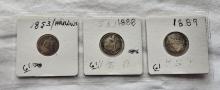 3 - Seated Dimes - 1853 with Arrows & 1888 & 1889