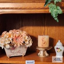 Decorative pieces, including candle,...flower arrangement,...Capodimonte style floral decoration