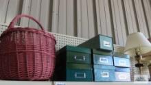 Wicker basket and card file boxes