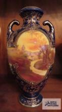 Nippon hand painted double handled vase with farm scene and gold trim