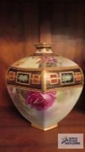 Nippon hand painted jardiniere style vase with gold trim
