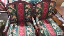 Two floral armchairs with cherry frames