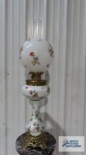 Antique electrified oil lamp made by Rochester ABCO. 34 in. tall at top of hurricane shade