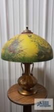 Antique jardiniere style lamp base with reverse painted butterfly motif shade. 24 in. tall. Base of