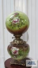 Antique P.L. B&G CO. Success GWTW style oil lamp with floral shade. 26 in. tall to the top of the