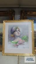 Ruskin Stone painting. Toledo, Ohio. 1906-2003. Woman in hat looking up. Frame measures 22 in. by