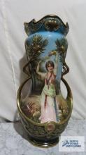 Antique Royal Bonn Germany painted vase, lady holding flowers. has cracks all along top. marked