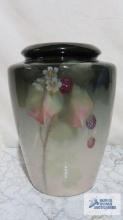 Cream and blackberry painted vase. marked Weller. approximately 11 in. tall, opening is 4 in. wide.
