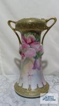 Nippon hand painted floral gold trim handled vase. approximately 12 in. tall, opening is 3-1/2 in