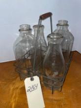 Antique Glass Milk Bottles w/ Wire Metal Carrier