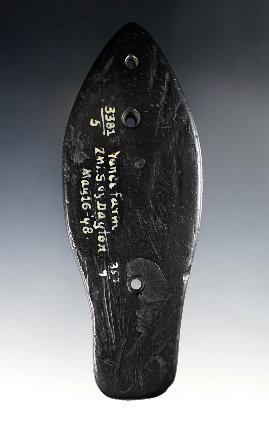 Ex. Meuser! 6 1/2"  Glacial Kame engraved & tallied Cannel Coal Gorget. Clark Co., OH. Pictured.