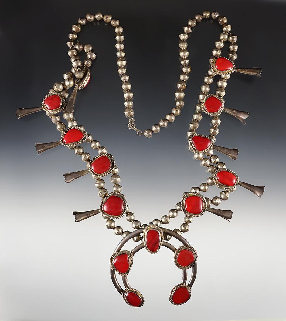 Vintage Squash Blossom Necklace with beautiful red stone, 16 3/4" length.