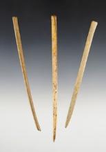 Set of 3 Bone Awls, the largest is 6 5/16". One is broken and glued.
