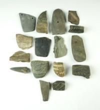 Large group of 15 broken slate artifacts that make excellent study examples. Largest is 3 3/16".