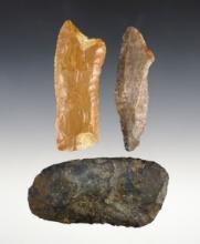 Set of three Paleo Knives in various styles recovered in Ohio. One is Carter Cave Flint.