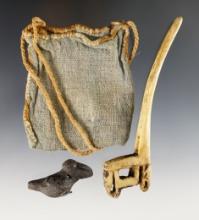 Set of 3 Inca Artifacts recovered in South America. Includes Pendant, Tupi & Woven Textile Bag.