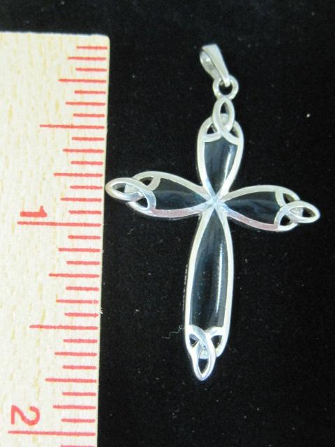 Sterling Silver Cross Pendant with Green Stones. Signed Ireland