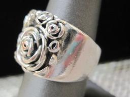 Sterling Silver Wide Band Ring with Roses