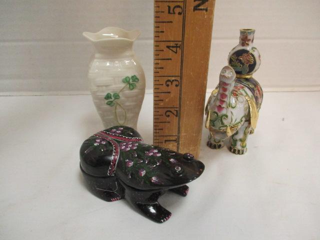 Belleek Vase, Lacquered Frog Box, Cloisonne Style Elephant