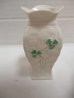 Belleek Vase, Lacquered Frog Box, Cloisonne Style Elephant