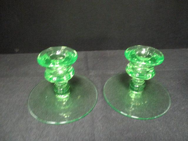 Pair of Green Vaseline Glass Candle Holders