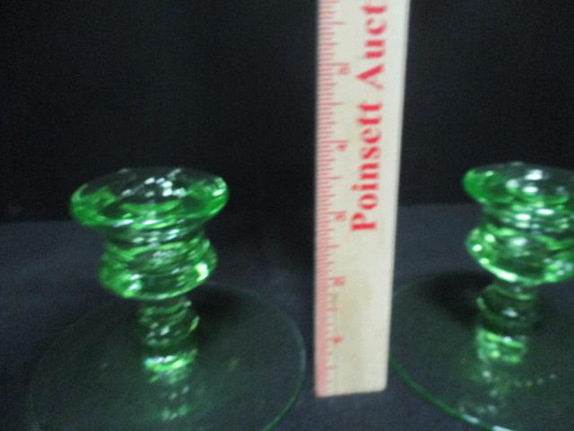 Pair of Green Vaseline Glass Candle Holders