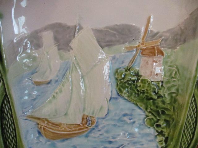 Majolica Windmill and Sailboat Relief Plate/Plaque